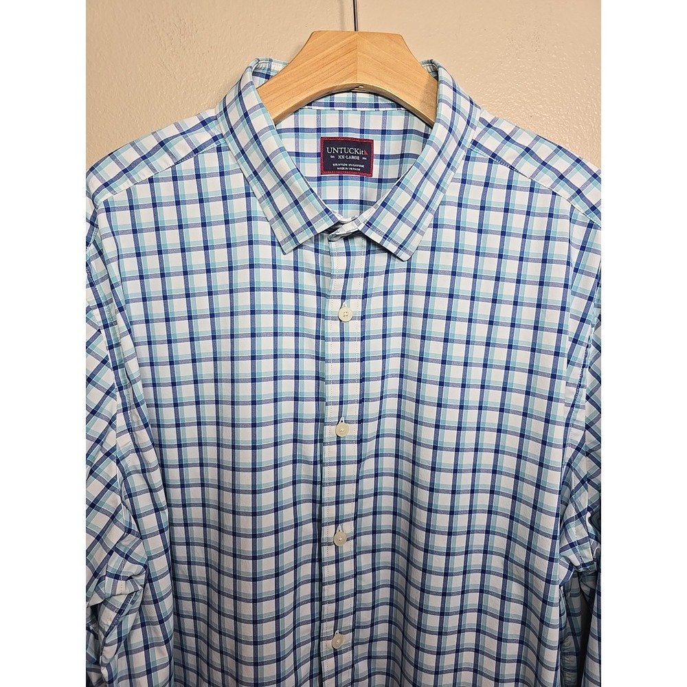 UNTUCKit Mens XXL Shirt Long Sleeve Button-Up Stretch Nylon Blue Plaid